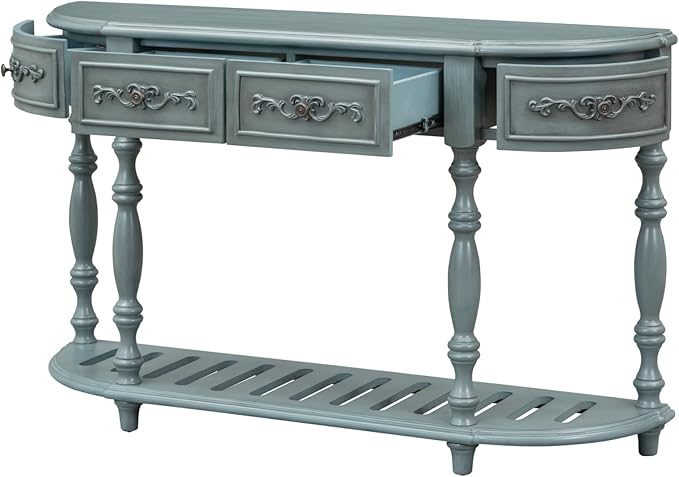HMFULE Retro Curved Console Table, 52" Solid Wood Half Moon Console Table Sofa Table with 4 Drawers 1 Open Shelf for Living Room,Entryway,Hallway,Antique Blue