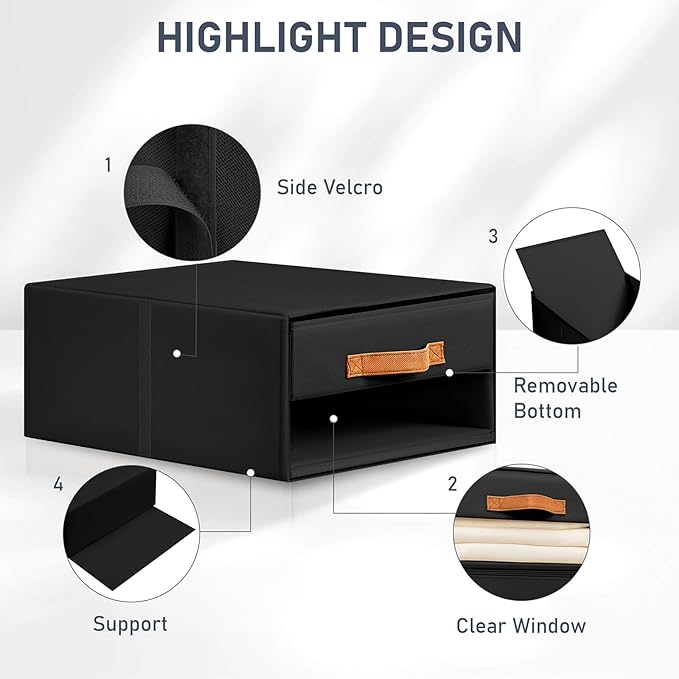 DIMJ Closet Organizers and Storage - Pull-out Fabric Bins with Drawers for Closet Foldable Clothes Organizers with Clear Window, Stackable Storage Drawers for Bedroom,Living Room,Shelf,6-Pack, Black