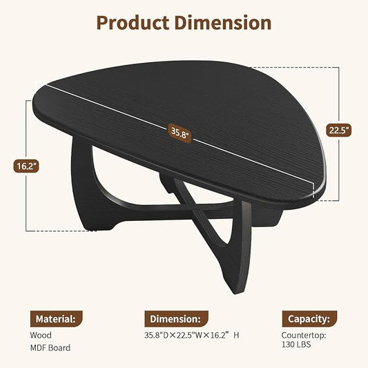 Coffee Table for Living Room - Mid Century Modern Coffee Tables with Triangle Top, Unique Small Round Coffee Table, Wood Oval Tea Table with Solid Legs for Bedroom, 35.8"x 22.5" x 16.2" Black