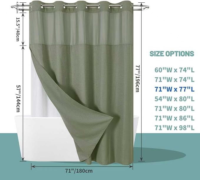 SageGreen No Hook Waffle Weave Shower Curtain with snap-in Liner Replacement, 230GSM Waterproof Fabric Hotel Shower Curtain Set for Bathroom, Through Mesh Top Window,71Wx77H