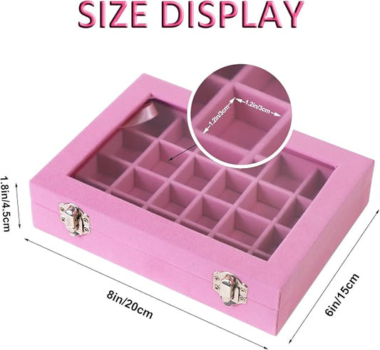 Velvet Jewelry Box 24 Grid Jewelry Earrings Display Organiser Box Ring Tray Holder Earrings Storage Case for Girls Wife Mom Women (Light Pink)
