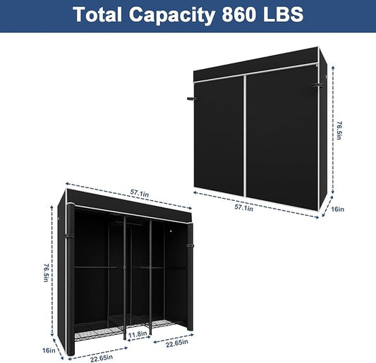 Ulif E12C Heavy Duty Closet Organizer System,Freestanding Clothing Rack, Adjustable Garment Rack 57.1" W x 16" D x 76.5" H Holds 860 lbs, Black Clothing Rack with Black Dustproof Cover