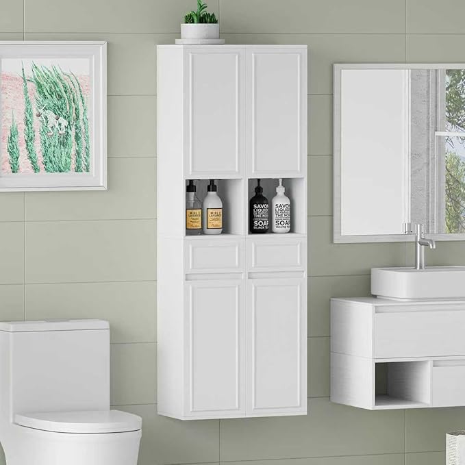 Tall Bathroom Storage Cabinet, Wall Mounted or Floor Mounted,Narrow Slim Wall Cabinet with 2 Door, 1 Drawer, Open Shelf for Living Room, 11.81" D x 11.81" W x 65" H (Embossed White, 2 PCS)