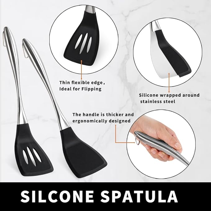 Heavy Duty Silicone Spatula Set, 2 Piece Heat Resistant BPA Free Cooking Spatulas with Stainless Steel Handle, Non Stick Silicone Turner for Pancakes, Eggs, Fish, Kitchen Cooking Utensils