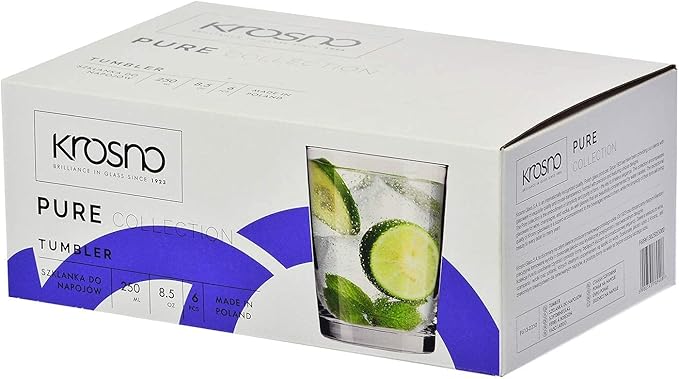 Krosno Drink Water Juice Drinking Glasses, Set of 6, 8.5 oz, Pure Collection, Ideal for Everyday Use, Drinking Glasses, Dishwasher Safe, Made in Europe