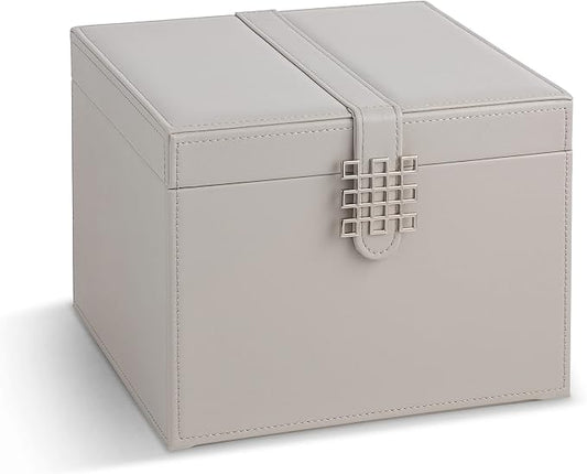 Glenor Co Earring Organizer Holder - 75 Small & 4 Large Slots Classic Jewelry Box with Drawer & Modern Closure, Mirror, 4 Trays Earrings, Ring or Chain Storage - PU Leather Case - Grey