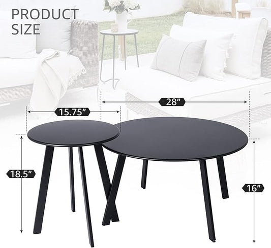 Patio Outdoor Coffee Table Set of 2 - Weather Resistant Outdoor Round End Table Modern Coffee Tables for Living Room Balcony Home Office (Black)