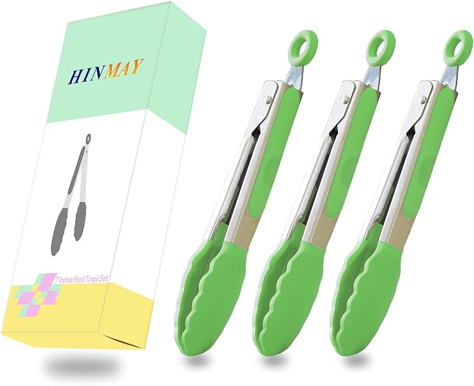 HINMAY Mini Tongs with Silicone Tips 7 Inches Silicone Cooking Tongs, Set of 3 (Green)