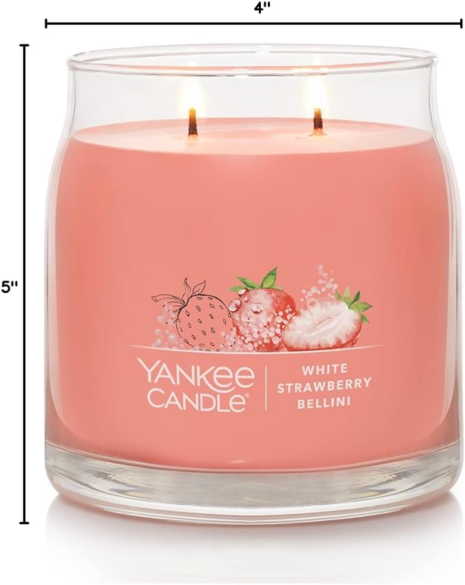 Yankee Candle White Strawberry Bellini Scented, Signature 13oz Medium Jar 2-Wick Candle, Over 35 Hours of Burn Time