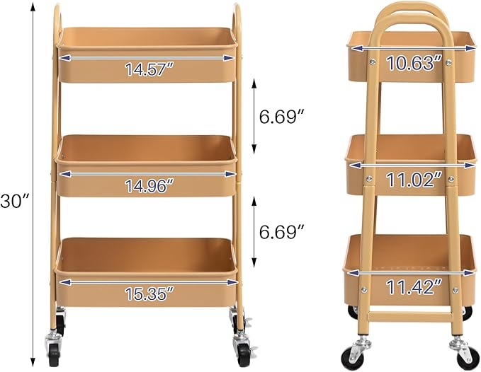AGTEK 3-Tier Rolling Carts with Wheels, Rolling Utility Cart with Iron Frame for Kitchen, Plastic Shelves, Living Room, Office, Khaki