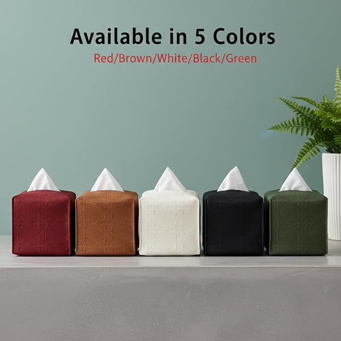 Tissue Box Cover 2-Pack, Square Tissue Holder with Bottom Belt, Modern Tissue Case Facial Paper Organizer Dispenser for Bathroom, Office, Home, Table, Car, White, Linen Pattern