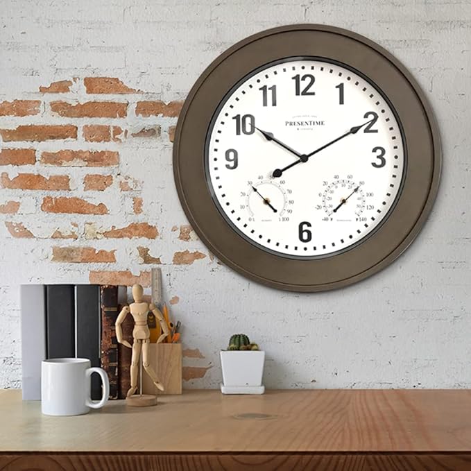 Presentime & Co. 20" Bradford Indoor/Outdoor Farmhouse Clock with Weather Station, Faux Barnwood Finish