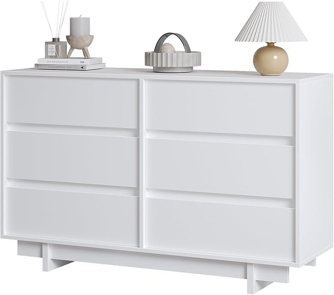 47" Wide Dresser for Bedroom with 6 Drawers,White Modern Dressers Chest of Drawers,Wooden TV Stand,Closet Clothes Organizer for Bedroom,Hallway