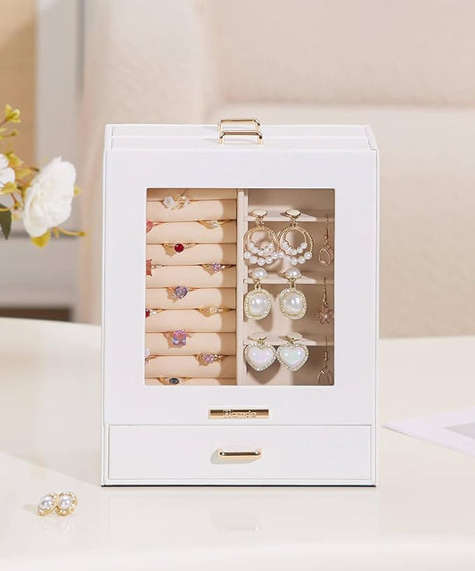 Mothers Day Gifts Homde Jewelry Organizer Girls Women Jewelry Box for Necklaces Rings Earrings Gift Bracelets Storage Case (White + Gold)