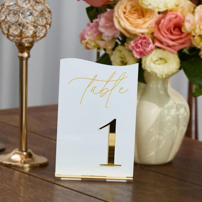 Gold Mirrored Acrylic Wedding Table Numbers 1-15 Set, Self-Standing Modern Arched Signs for Reception Seating, Anniversary & Bridal Shower, Elegant Wedding Decor (5x7 Inches)