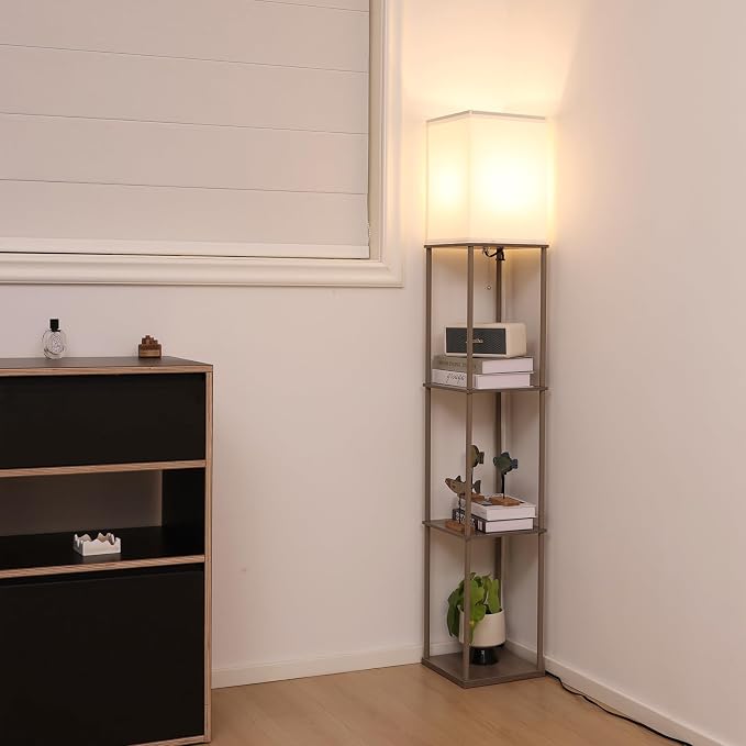 Gupuzm Floor Lamp with Shelves, Modern Square Standing Lamp with 3 Color Temperature Bulb, Corner Display Bookshelf Lamp for Living Room, Bedroom and Office (Grey)
