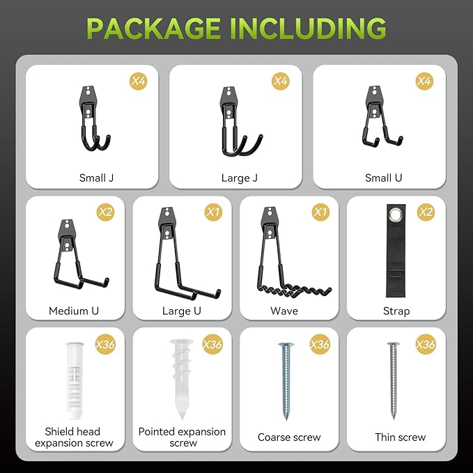 18 Pack Garage Hooks Heavy Duty, Utility Steel Garage Storage Hooks, Garage Organization System with Anti-Slip Wall Mount Hangers for Hanging Bike, Ladder, Garden Tools (Black)