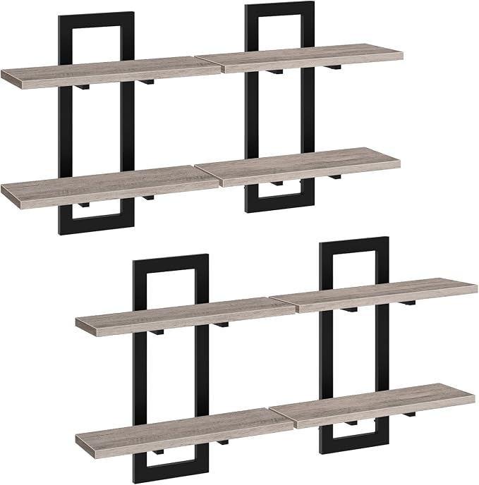 HOOBRO Floating Shelves, 15 Inch Wall Shelf Set of 4, Wall Mounted Storage Shelves 2-Tier, Hanging Bathroom Shelves, for Living Room, Bedroom, Bathroom, Kitchen, Greige and Black BG32BJP401