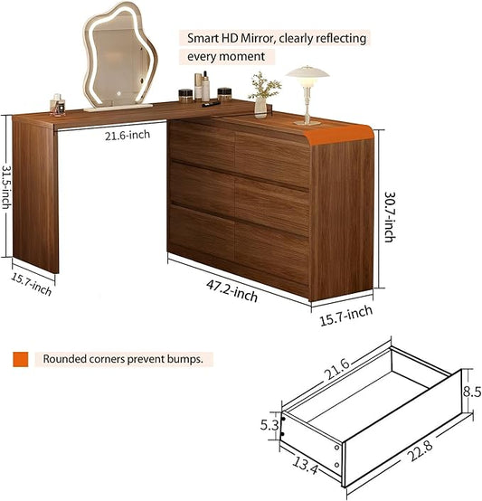 Makeup Vanity Desk with Mirror and Lights, 50-90inch Extendable Mid Century Walnut Makeup Dresser Combo with 47 Inch 6 Drawer Dresser and L Shaped Vanity Desk, Without Stool, Brown