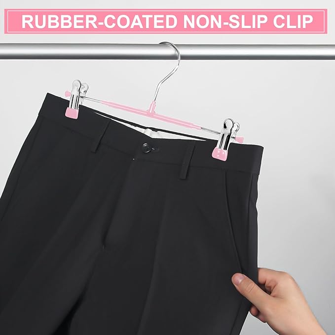 POZEAN Pants Hangers with Clips for Women 50 Pack, 12Inch Adjustable Heavy Duty Skirt Hangers, Space Saving Non-Slip Shorts Jeans Trousers Clothes Hangers, Pink