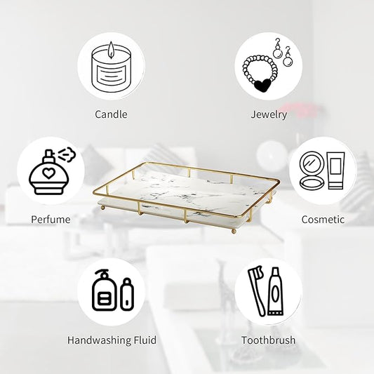 Dobbyby Vanity Tray Makeup Organizer Cosmetics Storage Bathroom Skincare Organizer Countertop Display Rack in Dresser Stainless Steel Shelf Marble Print Ceramic Trays
