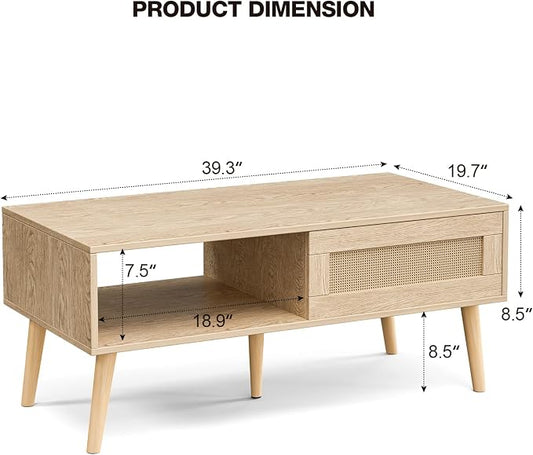 ZttRiee Wood Coffee Table with Storage, Boho Dining Table with Sliding Rattan Door Panel and Solid Wood Legs, Small Coffee Tables for Living Room, Oak (Oak_LSJ008)
