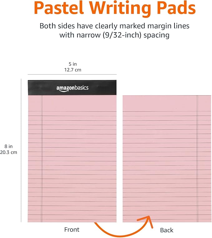 Amazon Basics Narrow Ruled Writing Pads, Perforated, 5" x 8", Multicolor, 6-Pack of 50 Sheets