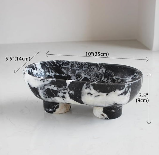 Nawgnail Natural Oval Calacatta Black Marble Fruit Bowl for Kitchen Counter 10", Large Decorative Bowl Two-Legs for Home Decor, Fruits Holder For Dining Table - Kitchen Organization