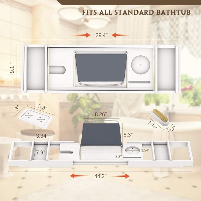 Bathtub Caddy Tray for Luxury Bath - Bamboo Waterproof Expandable Bath Table Over Tub with Wine and Book Holder and Free Soap Dish (White)