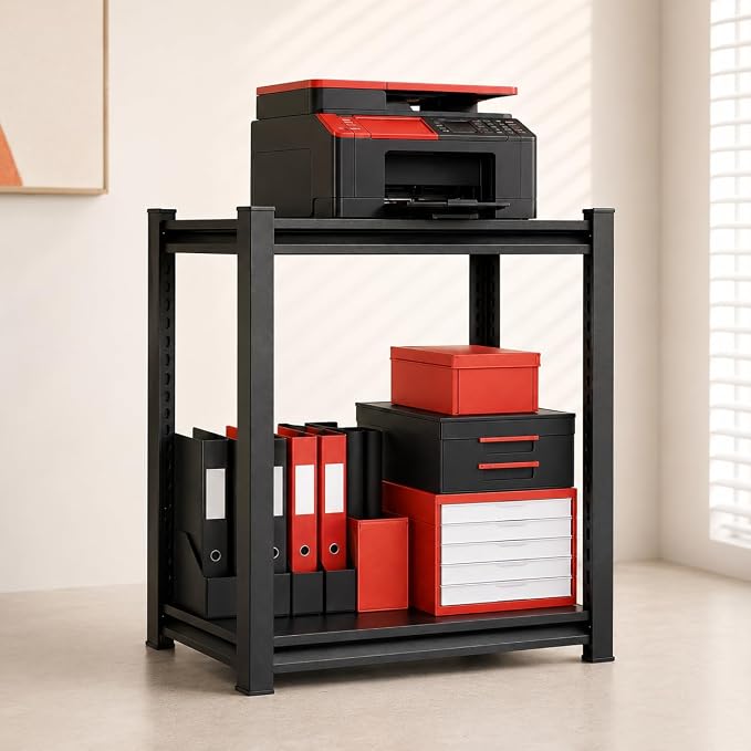 Printer Stand with Storage, 2-Tier Industrial Heavy Duty All-Metal Office Organizer Shelf, Space-Saving Storage Rack for Printer, Scanner, Copier, Paper and Office Supplies, Black,22"H×13.8"W×11.8"D