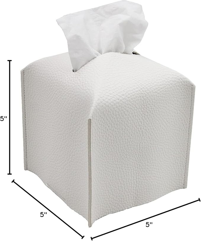 Livelab Tissue Box Cover, Square Decorative PU Leather Tissue Box Holder Modern Tissue Case Facial Paper Organizer Dispenser for Bathroom, Vanity Countertop, Night Stands, Desk 5X5X5'' | Off White