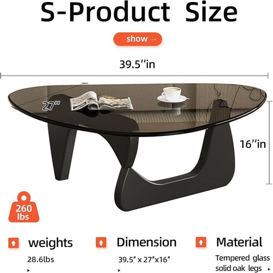 Mid Century Modern Glass Coffee Table, Coffee Table for Living Room, Noguchi Coffee Tables,Suitable for Bedroom Living Room Reception Office Tables (Black/Grey, ML)