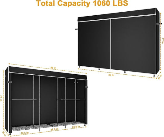 ULIFHOME E14C Max Heavy Duty Closet Organizer System,Freestanding Clothing Racks for Hanging Clothes,Adjustable Garment Rack 86" W × 16" D × 77" H Hold 1060 lbs,Black Rack with Black Cover