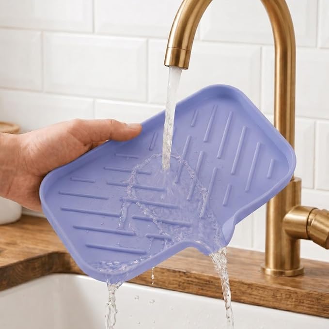 MicoYang Silicone Soap Dish with Drain Spout — Self-Draining Sink Organizer Tray for Bathroom & Kitchen, Sponges, Dispensers & Soap Holder, Non-Slip & Dishwasher Safe, Light Purple (Medium, 9.6"×5.3")