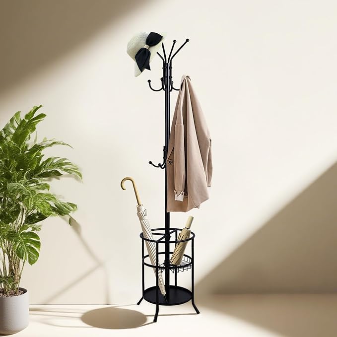 Freestanding Coat Rack with Umbrella Holder,Metal Coat Tree with 12 Hooks for Hanging Coat,Hats,Bag, Black Modern Coat Rack Stand Umbrella Stand for Entryway, Living Room, Bedroom, Office
