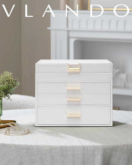 VLANDO 4 Layer Large Jewelry Box - Jewelry Holder Organizer, Jewelry Box Organizer for Drawer Necklace Ring Bracelet and Watch, Birthday Gift for Loved Ones - White