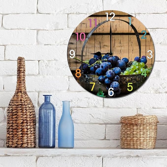 Blueberries Wall Clock 10 Inch Wooden Battery Operated Autumn Forest Maple Leaves Wall Clocks Decorative Indoor,Decorative for Kitchen Bathroom Bedroom