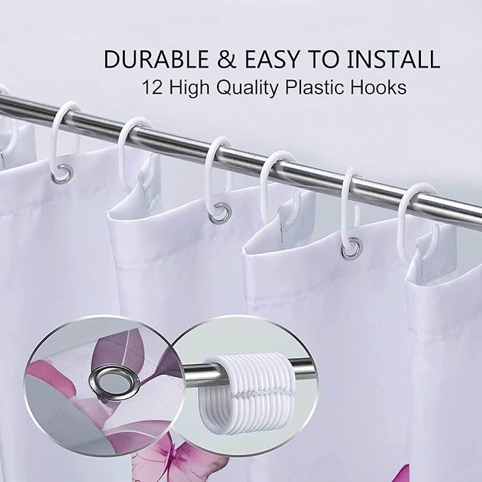 Pink Floral Shower Curtain, Pink Lavender Floral Butterfly Boho Shower Curtains for Bathroom, Farmhous Flower Cute Fabric Shower Curtain Set with 12PCS Hooks, 70X85IN