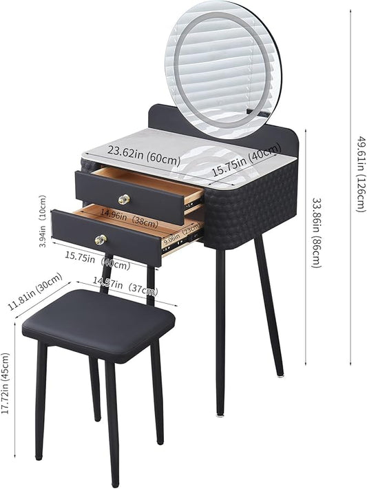 Makeup Vanity with Round Mirror, Light,Two Drawers, Cushioned Stool Set.Small Dressing Table for bedrooms and Dressing Rooms.Black