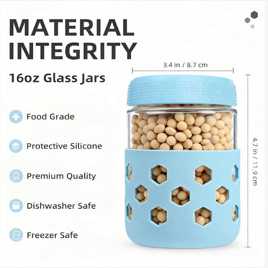 Overnight Oats Containers with Lids and Silicone Sleeve, 6 Pack Wide-Mouth Glass Food Storage Jars, 16oz Mason Jar Style Containers Perfect for Yogurt, Oatmeal, Fruit, Snacks and Meal Prep