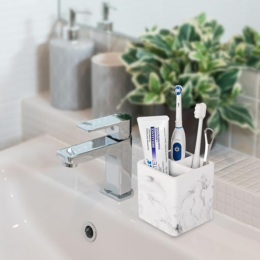Diatomite Toothbrush Holders for Bathrooms, Electric Toothbrush and Toothpaste Holder 3 Slots Tooth Brush Organizer for Bathroom Countertop, Shower, Vanity, 2 Pack, Marble White