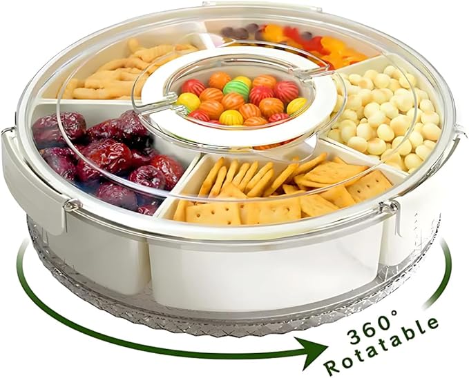 Rotating Snack Box Container - Medium Divided Serving Tray with Lid - Snack Spinner for Kids -Pie Carrier,Mess-Free Snack Container - Veggie Tray with Lid for Fridge - Spinning Snack Container