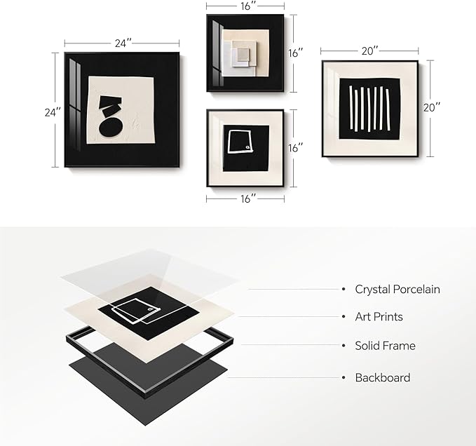 4 Piece Framed Modern Black and White Wall Art Set, Minimalist Abstract Prints Artworks, Bright Style Geometric Picture Painting Decor for Living Room Dining Room Hallway Bedroom Home Office
