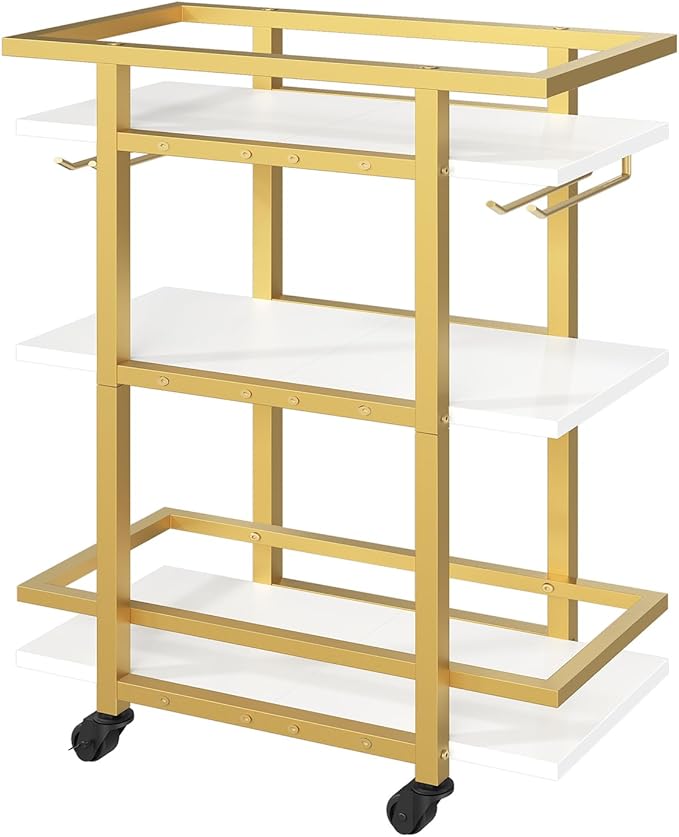3 Tier Bar Cart, Home Bart Serving Cart with Glass Holders, Rolling Beverage Cart, Mobile Kitchen Shelf, for Home, Garden, Party, Gold BC19DW