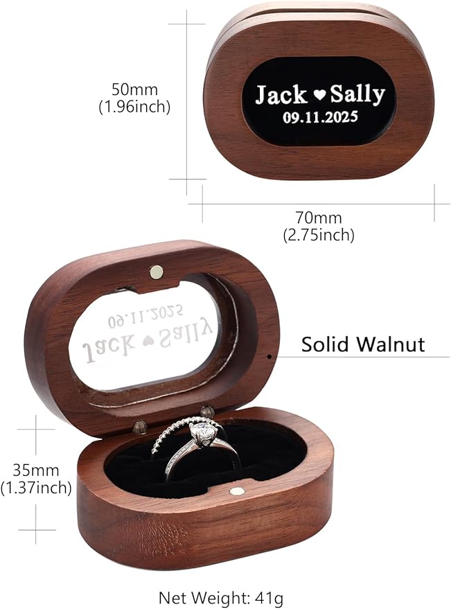 Custom4U Personalized Wooden Ring Box for Ceremony 2 Slots Engagement Ring Holder Box Vintage Wood Ring Bearer Wedding Jewelry Gift