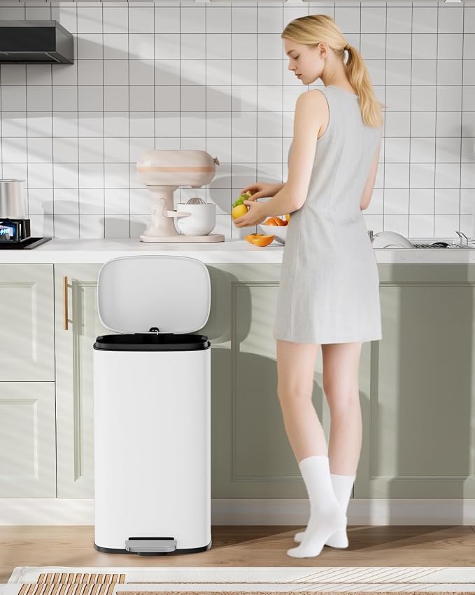 Arlopu 8 Gallon Step Trash Can, Stainless Steel Garbage Bin, Soft-Close Rubbish Bin with Removable Plastic Inner Bucket, Fingerprint-Proof, Lid Dustbin, Suit for Kitchen Home (White, 30L)