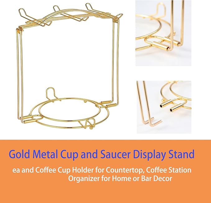 Gold Metal Cup and Saucer Display Stand Tea and Coffee Cup Holder for Countertop, Coffee Station Organizer for Home or Bar Decor
