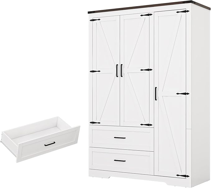 St.Mandyu Farmhouse Wardrobe Armoire Closet with 3 Doors and 2 Drawers, 70.1" Wooden Clothing Storage Cabinet, Freestanding Large Capacity Storage Wardrobe Armoire with Hanging Rod for Bedroom, White