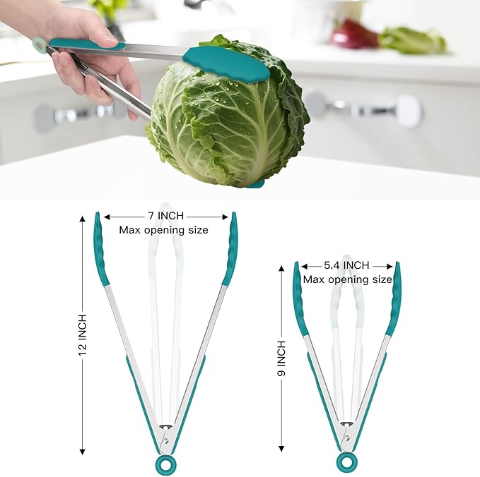 HOTEC Premium Stainless Steel Locking Kitchen Tongs with Silicon Tips, Set of 2-9" and 12", Turquoise