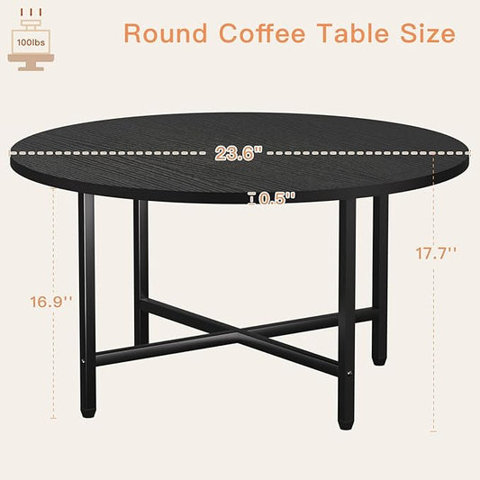 FAMIDGE Coffee Table, 23.6" Coffee Tables for Living Room, Round Coffee Table with Metal Frame, Floor Table for Sitting on The Floor, Home, Office, Black